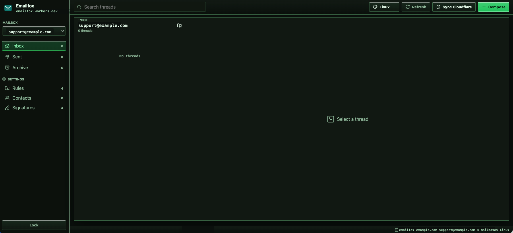 OmniDock Linux palette inbox dashboard with mailbox folders, thread list, Cloudflare sync controls, and compose controls.